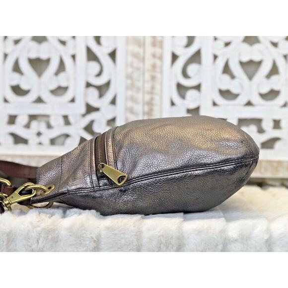 FOSSIL Metallic Silver Pewter Leather EXPLORER HOBO Convertible Handbag Purse - Picture 5 of 12